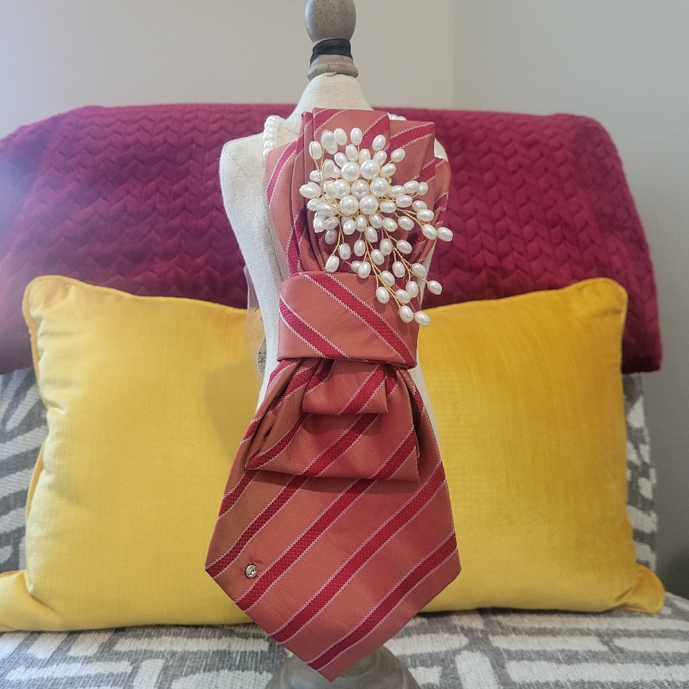 Nu-Ties Designed & Handmade By FLHood~Elegant Red Striped Tie with Pearl Brooch